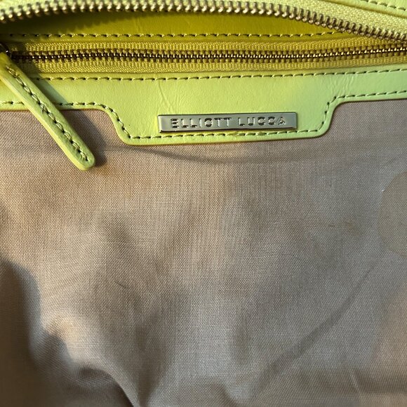 Elliott Lucca Citron Leather Satchel Bag Woven Accents Gold Hardware Zip/Toggles - Picture 3 of 12